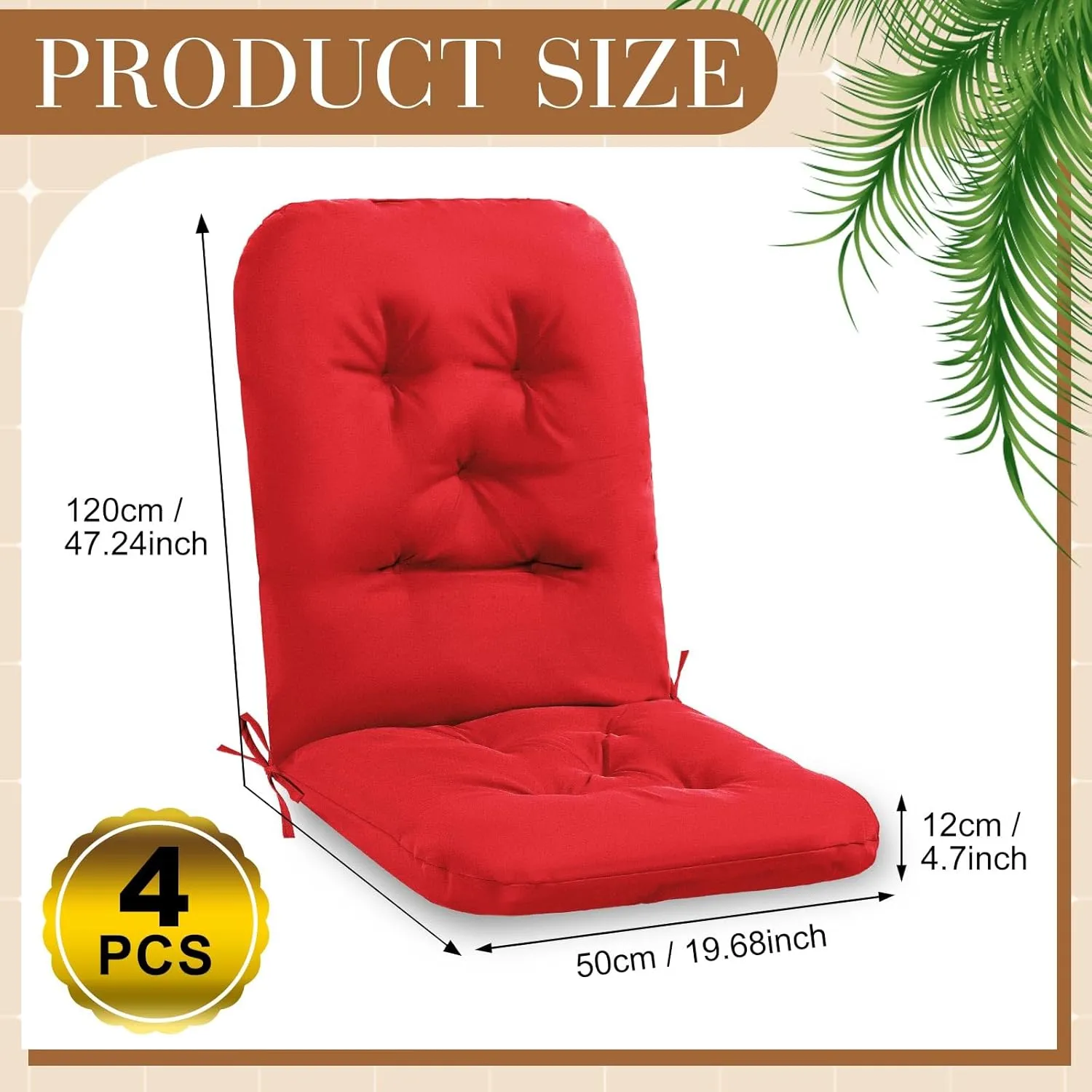 4 Set Outdoor High Back Chair Cushions 47 x 20 Inch Rocking Chair Cushions Waterproof Fade Resistant Comfort Replacement Seat Pads with Ties for Patio Lawn Yard Porch Home Office(Red)