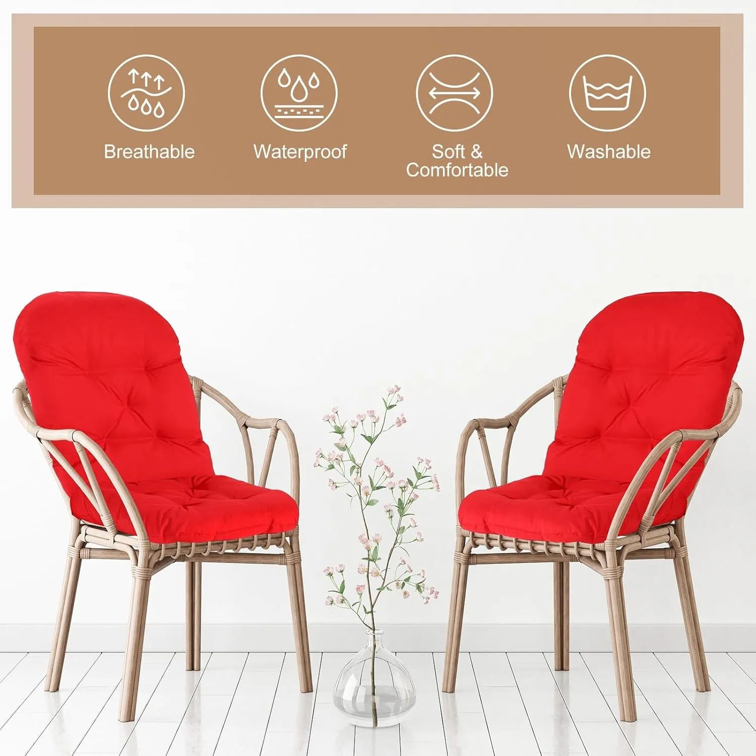 4 Set Outdoor High Back Chair Cushions 47 x 20 Inch Rocking Chair Cushions Waterproof Fade Resistant Comfort Replacement Seat Pads with Ties for Patio Lawn Yard Porch Home Office(Red)