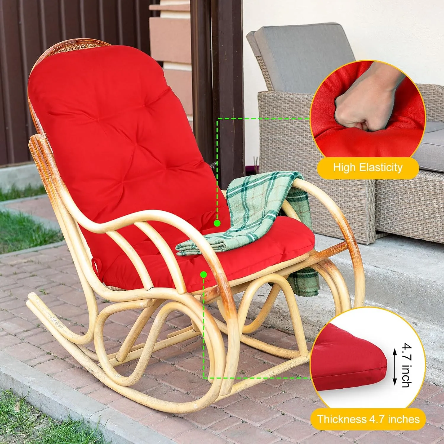 4 Set Outdoor High Back Chair Cushions 47 x 20 Inch Rocking Chair Cushions Waterproof Fade Resistant Comfort Replacement Seat Pads with Ties for Patio Lawn Yard Porch Home Office(Red)