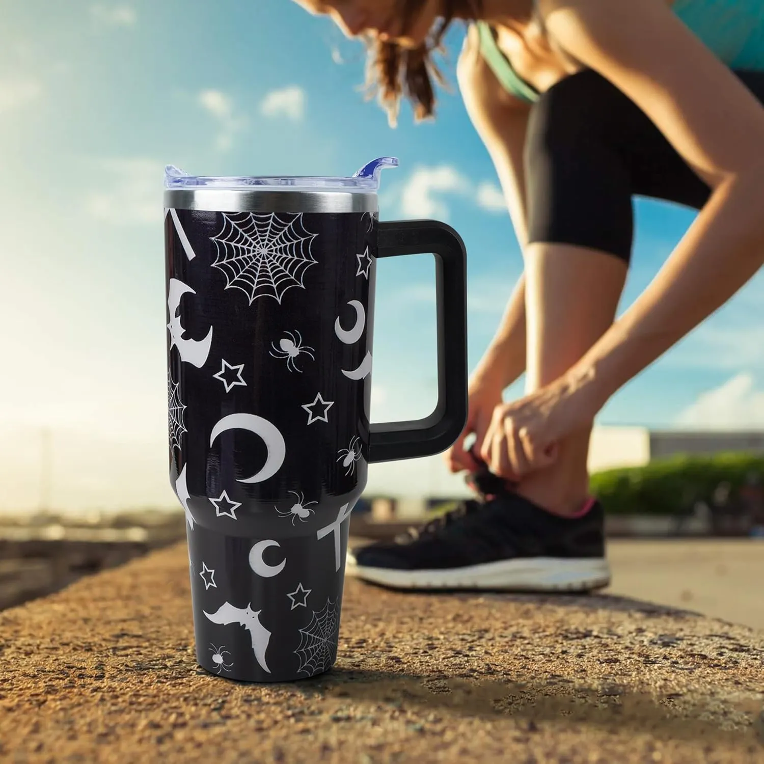 40 oz Goth Moon Tumbler with Handle and Straw, Black Gothic Travel Mug Water Bottle, Stainless Steel Insulated Cup with Lid and Straw, Birthday Christmas Halloween Gifts