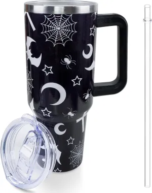 40 oz Goth Moon Tumbler with Handle and Straw, Black Gothic Travel Mug Water Bottle, Stainless Steel Insulated Cup with Lid and Straw, Birthday Christmas Halloween Gifts