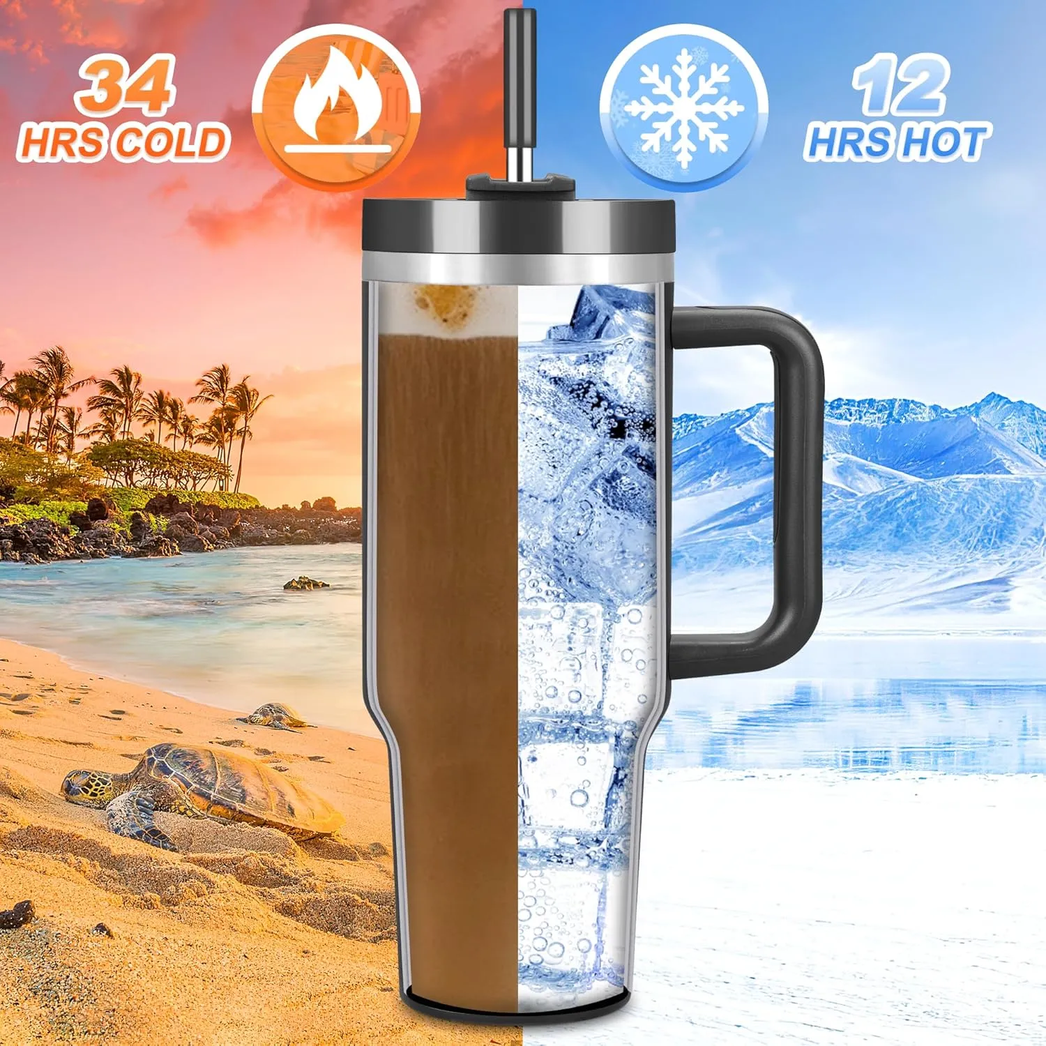 40 oz Tumbler with Handle and Straw, 2 Lids (2 in 1 & LeakProof Lid) - Vacuum Insulated Stainless Steel Double Wall Water Bottle Travel Coffee Mug - Holiday Gifts for Women Men - Black