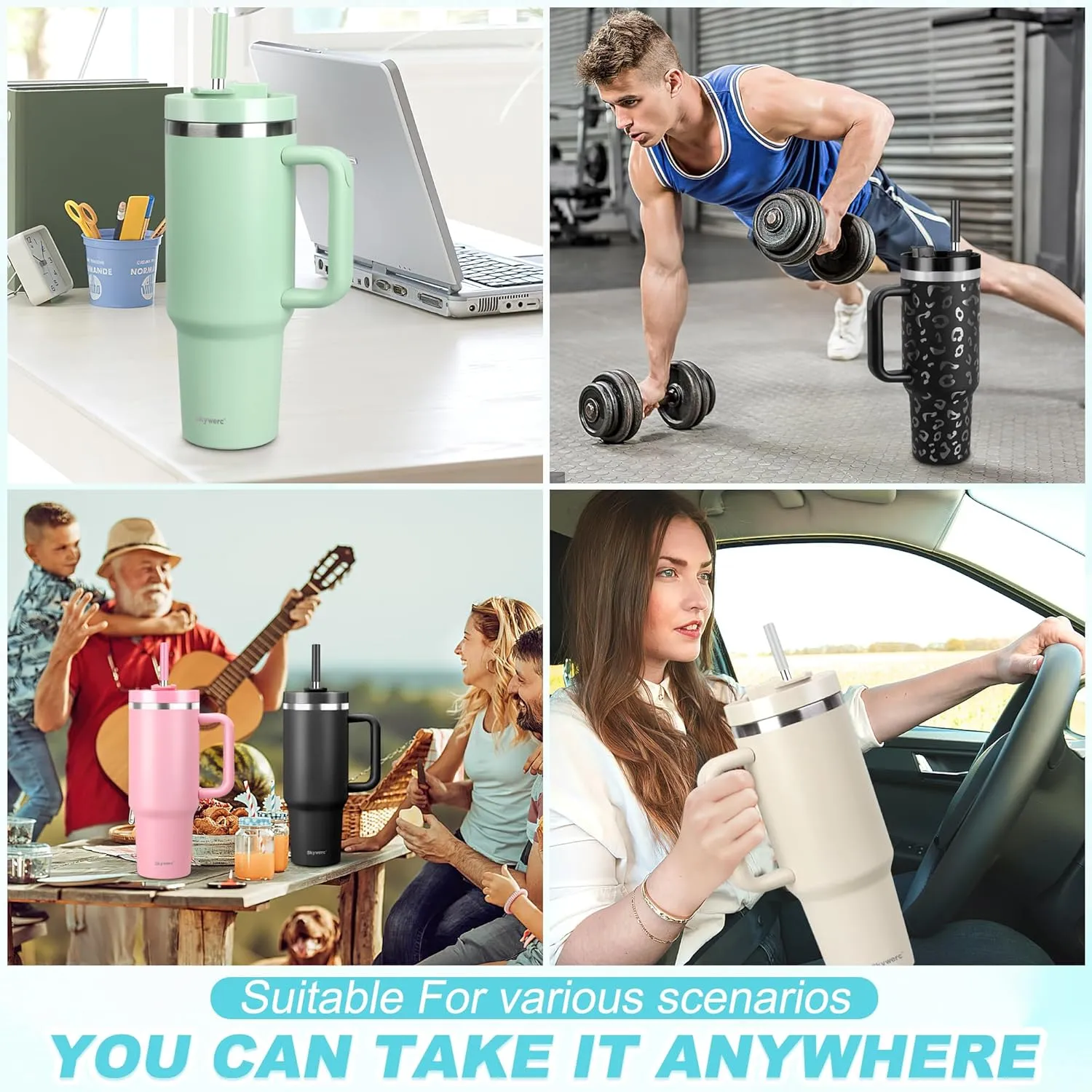 40 oz Tumbler with Handle and Straw, 2 Lids (2 in 1 & LeakProof Lid) - Vacuum Insulated Stainless Steel Double Wall Water Bottle Travel Coffee Mug - Holiday Gifts for Women Men - Black