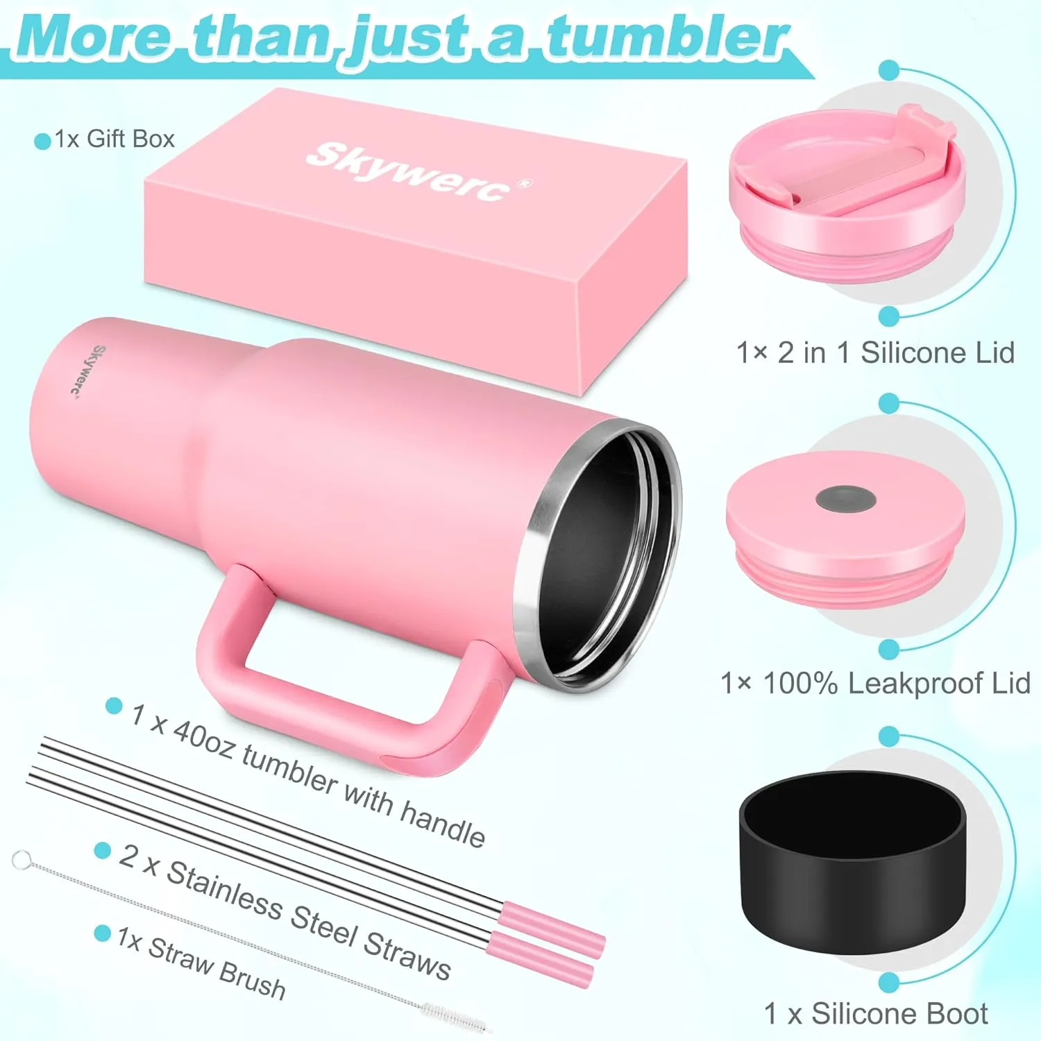 40 oz Tumbler with Handle and Straw, 2 Lids (2 in 1 & LeakProof Lid) - Vacuum Insulated Stainless Steel Double Wall Water Bottle Travel Coffee Mug - Holiday Gifts for Women Men - Black