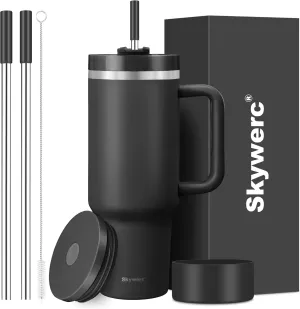 40 oz Tumbler with Handle and Straw, 2 Lids (2 in 1 & LeakProof Lid) - Vacuum Insulated Stainless Steel Double Wall Water Bottle Travel Coffee Mug - Holiday Gifts for Women Men - Black