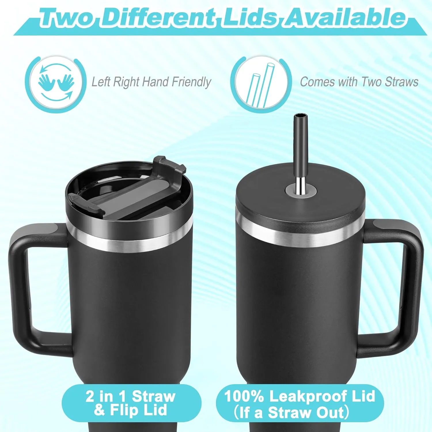 40 oz Tumbler with Handle and Straw, 2 Lids (2 in 1 & LeakProof Lid) - Vacuum Insulated Stainless Steel Double Wall Water Bottle Travel Coffee Mug - Holiday Gifts for Women Men - Black