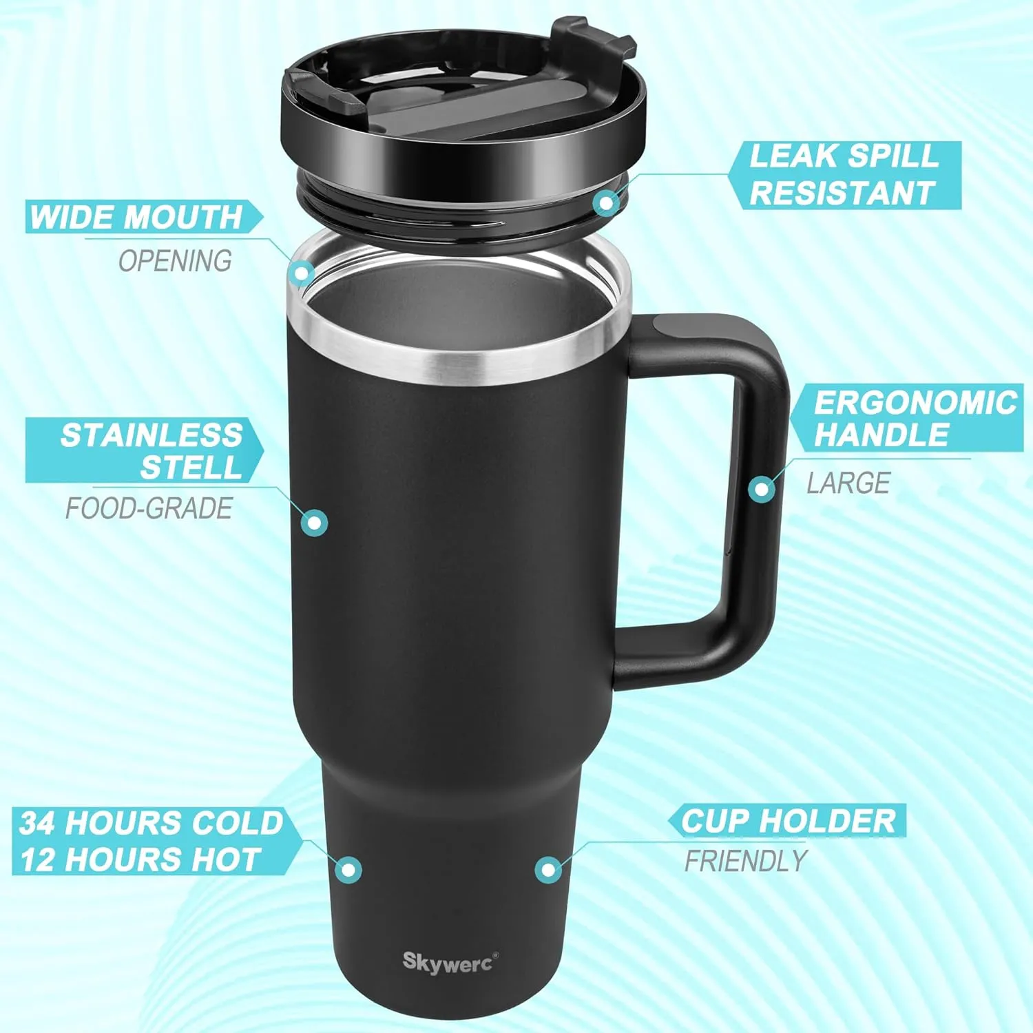 40 oz Tumbler with Handle and Straw, 2 Lids (2 in 1 & LeakProof Lid) - Vacuum Insulated Stainless Steel Double Wall Water Bottle Travel Coffee Mug - Holiday Gifts for Women Men - Black