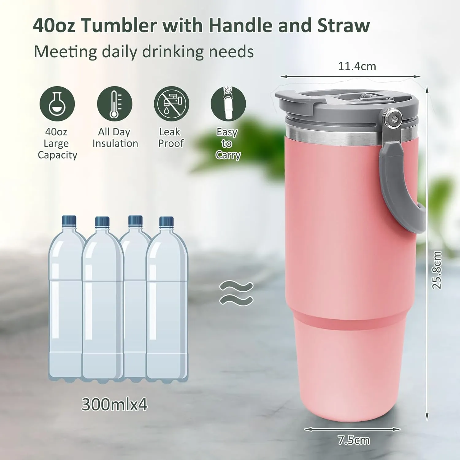 40 oz Tumbler with Handle and Straw, Stainless Steel Insulated Water Bottle, Vacuum Insulated Cup, Leak Proof Tumbler for Sports, Travel Coffee Mug with Lid, Keep for Hot and Cold