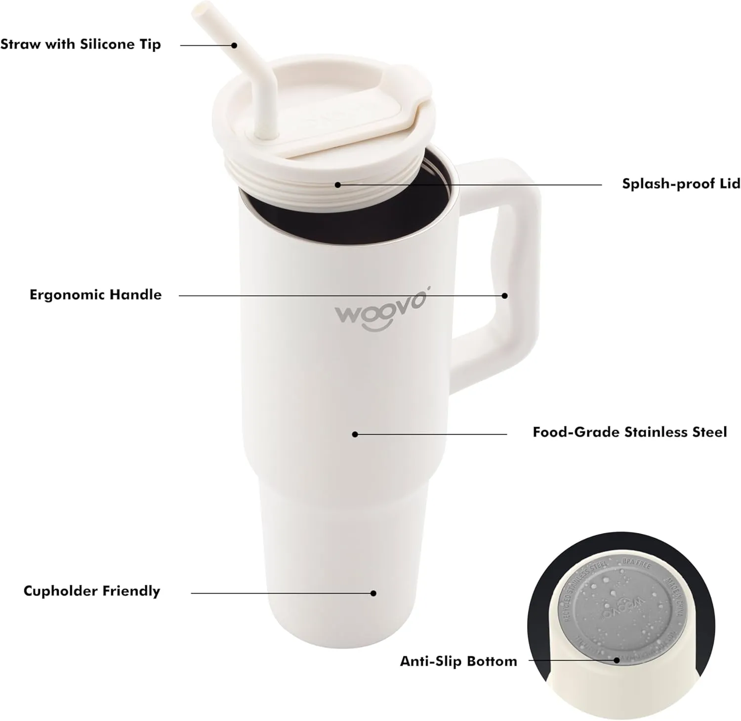 40 oz Water Bottle with Straw and Handle, Insulated Coffee Mug with Splash Proof Lid, BPA Free Reusable Double Wall Stainless Steel Water Cup, Keep Beverages Cold Hot for Hours, White