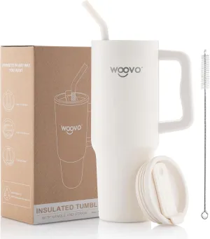40 oz Water Bottle with Straw and Handle, Insulated Coffee Mug with Splash Proof Lid, BPA Free Reusable Double Wall Stainless Steel Water Cup, Keep Beverages Cold Hot for Hours, White