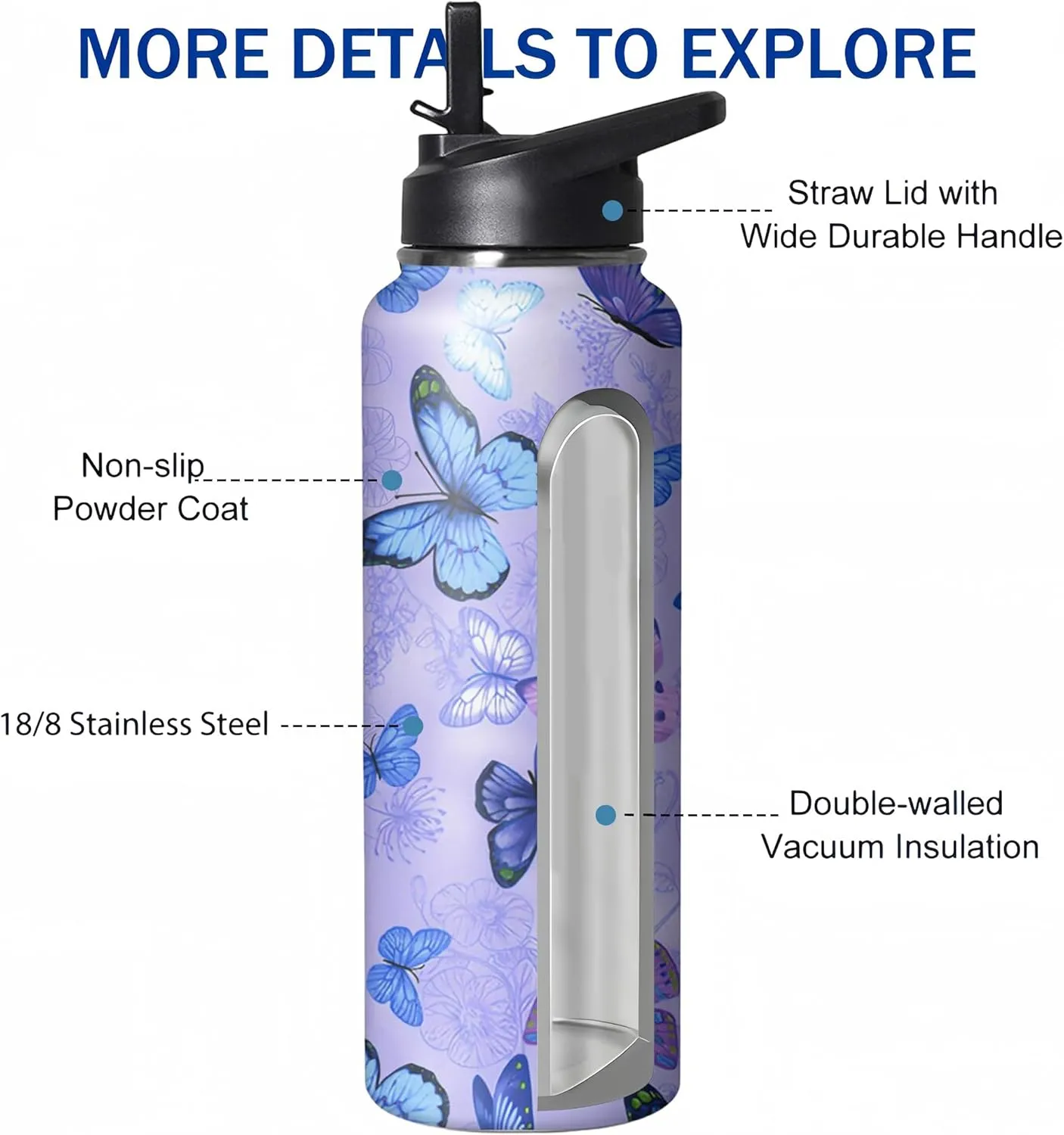 40oz Butterfly Water Bottle with Handle and Flip Straw, Floral Sports Stainless Steel Insulated Cup, Travel Coffee Mug Tumbler, Birthday Mothers Day Chritmas Gifts for Women Animal Lovers