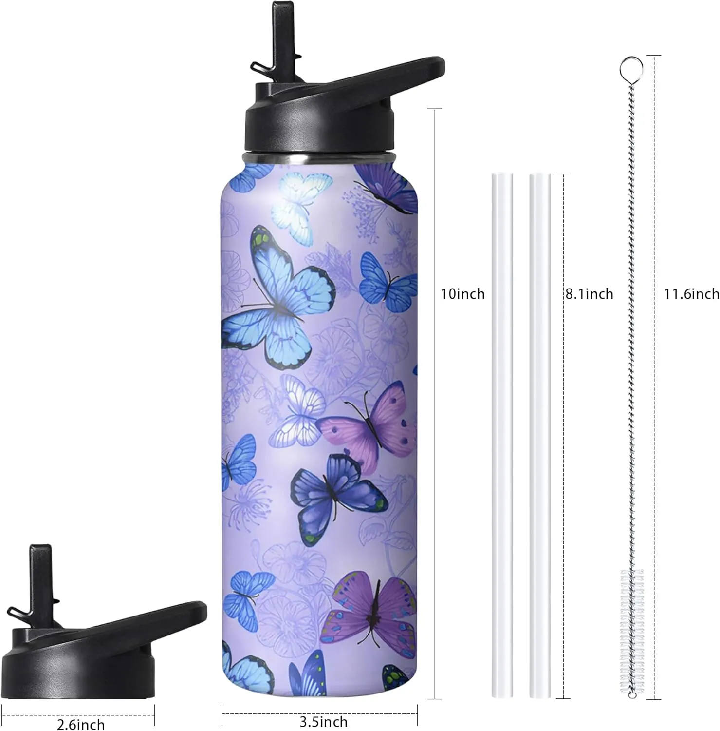 40oz Butterfly Water Bottle with Handle and Flip Straw, Floral Sports Stainless Steel Insulated Cup, Travel Coffee Mug Tumbler, Birthday Mothers Day Chritmas Gifts for Women Animal Lovers