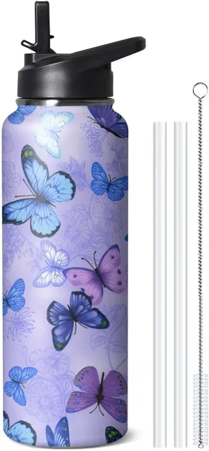 40oz Butterfly Water Bottle with Handle and Flip Straw, Floral Sports Stainless Steel Insulated Cup, Travel Coffee Mug Tumbler, Birthday Mothers Day Chritmas Gifts for Women Animal Lovers