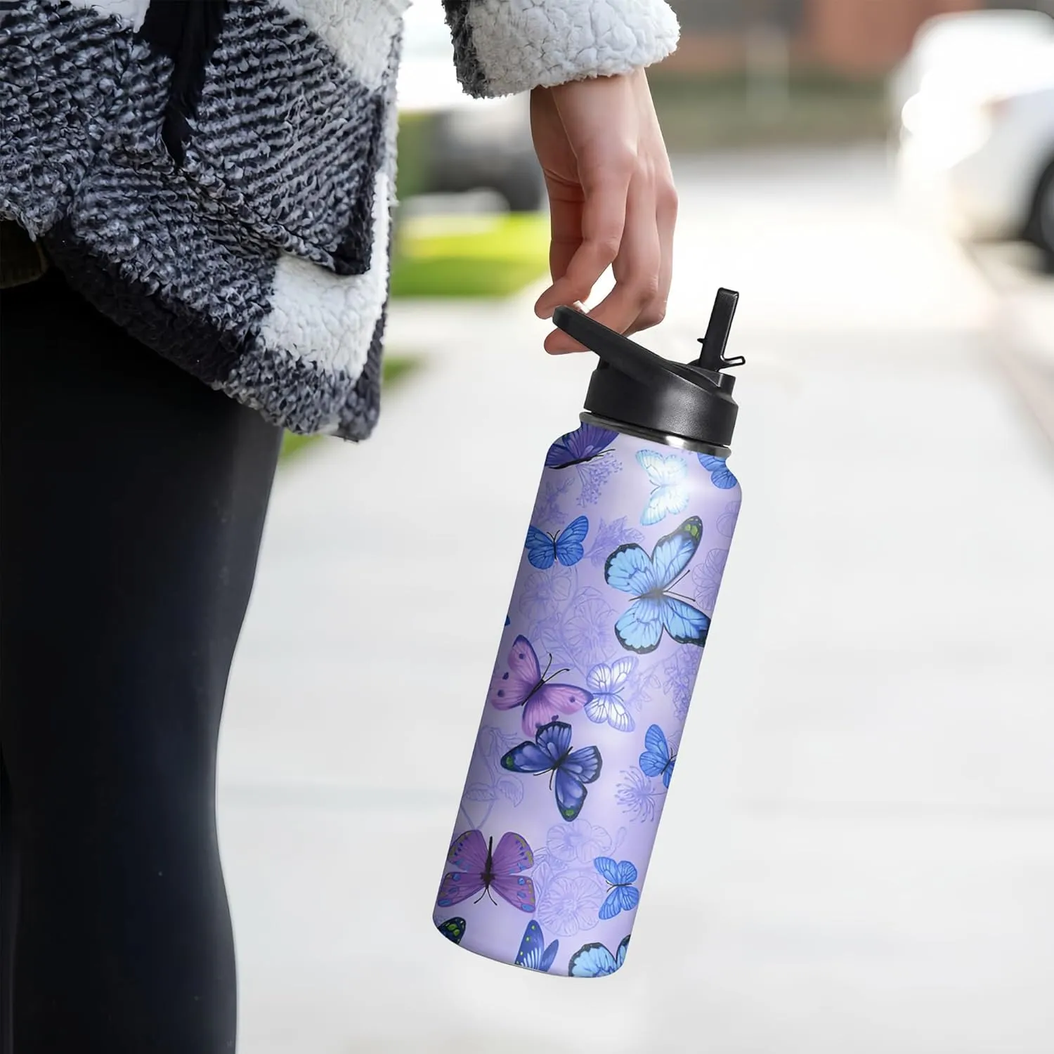 40oz Butterfly Water Bottle with Handle and Flip Straw, Floral Sports Stainless Steel Insulated Cup, Travel Coffee Mug Tumbler, Birthday Mothers Day Chritmas Gifts for Women Animal Lovers