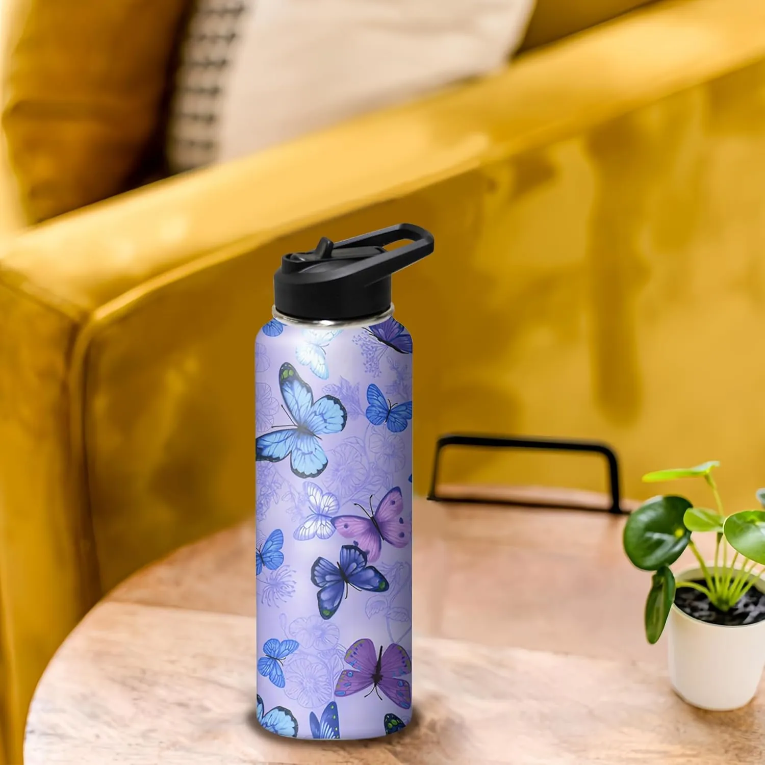 40oz Butterfly Water Bottle with Handle and Flip Straw, Floral Sports Stainless Steel Insulated Cup, Travel Coffee Mug Tumbler, Birthday Mothers Day Chritmas Gifts for Women Animal Lovers