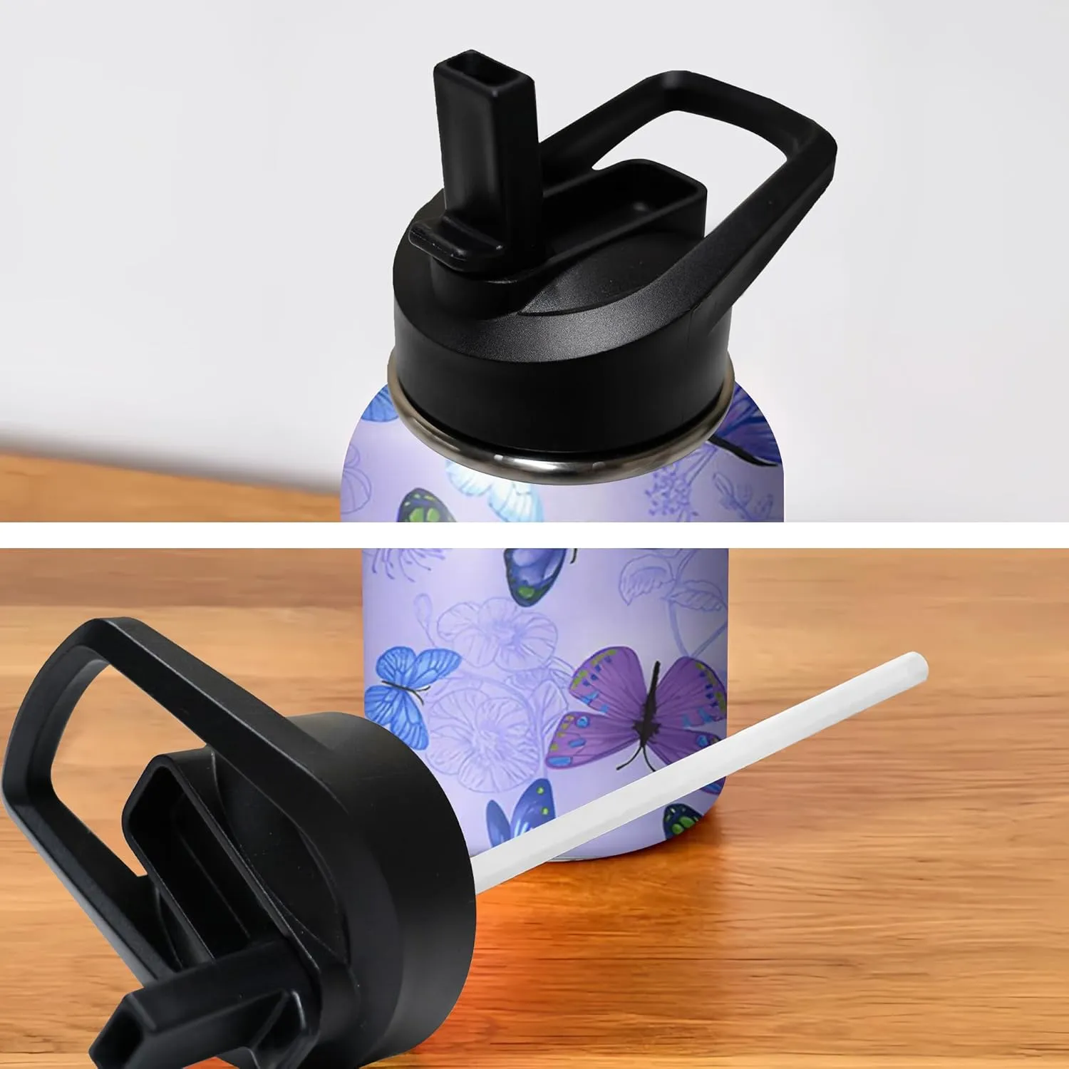 40oz Butterfly Water Bottle with Handle and Flip Straw, Floral Sports Stainless Steel Insulated Cup, Travel Coffee Mug Tumbler, Birthday Mothers Day Chritmas Gifts for Women Animal Lovers