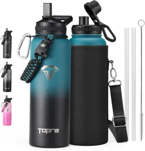 40oz Insulated Water Bottle,Stainless Steel Vacuum Water Bottle, BPA-Free & Leakproof -with Paracord Handle,Strap,Straw Spout Lids,Large Water Jug for Gym Sports