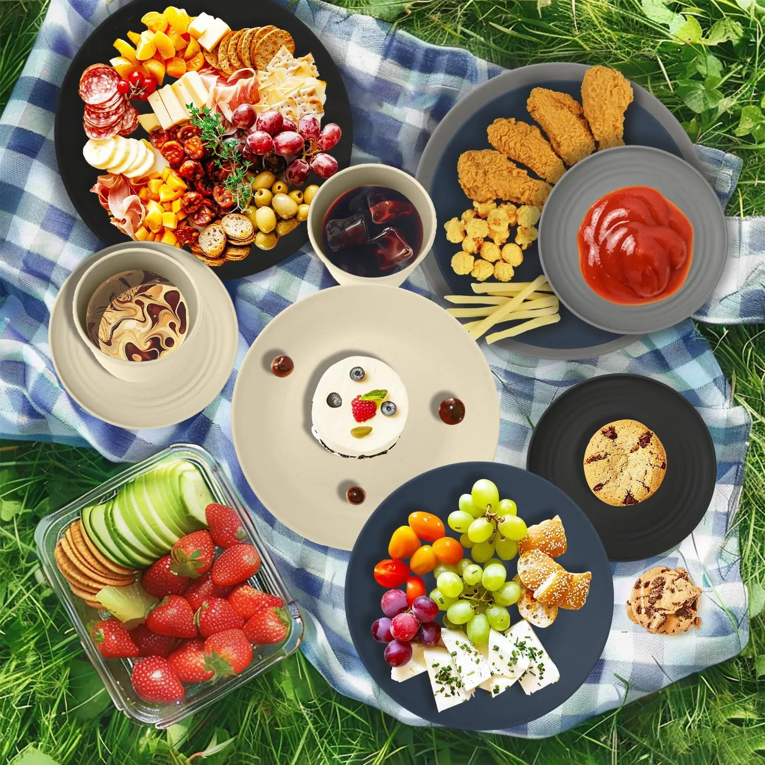 40Pack plates and bowls sets for dinner - Unbreakable wheat straw dinnerware sets service for 8 - Alternative plastic 40pcs dish sets for camping,picnic and R.V. - (Black & Grey)