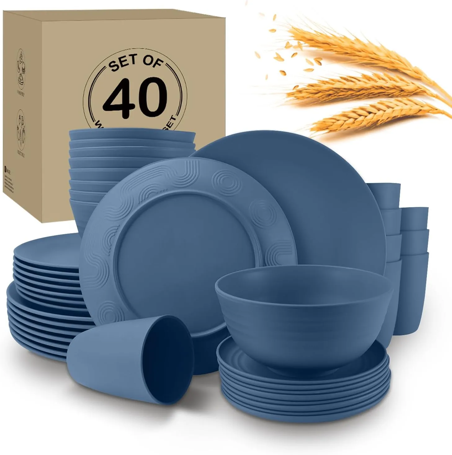 40Pack plates and bowls sets for kids - Unbreakable wheat straw dinnerware sets service for 8 - Alternative plastic 40pcs dishes for kitchen, camping and indoors dinning - (Blue)