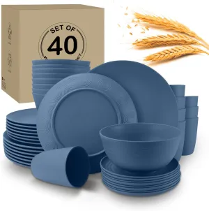40Pack plates and bowls sets for kids - Unbreakable wheat straw dinnerware sets service for 8 - Alternative plastic 40pcs dishes for kitchen, camping and indoors dinning - (Blue)