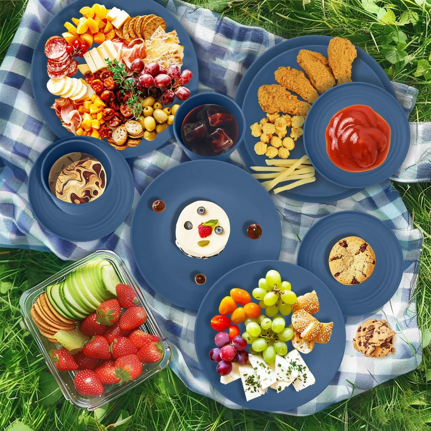 40Pack plates and bowls sets for kids - Unbreakable wheat straw dinnerware sets service for 8 - Alternative plastic 40pcs dishes for kitchen, camping and indoors dinning - (Blue)