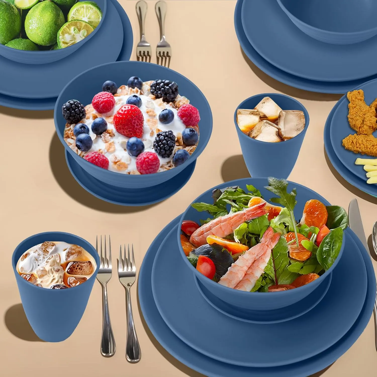 40Pack plates and bowls sets for kids - Unbreakable wheat straw dinnerware sets service for 8 - Alternative plastic 40pcs dishes for kitchen, camping and indoors dinning - (Blue)