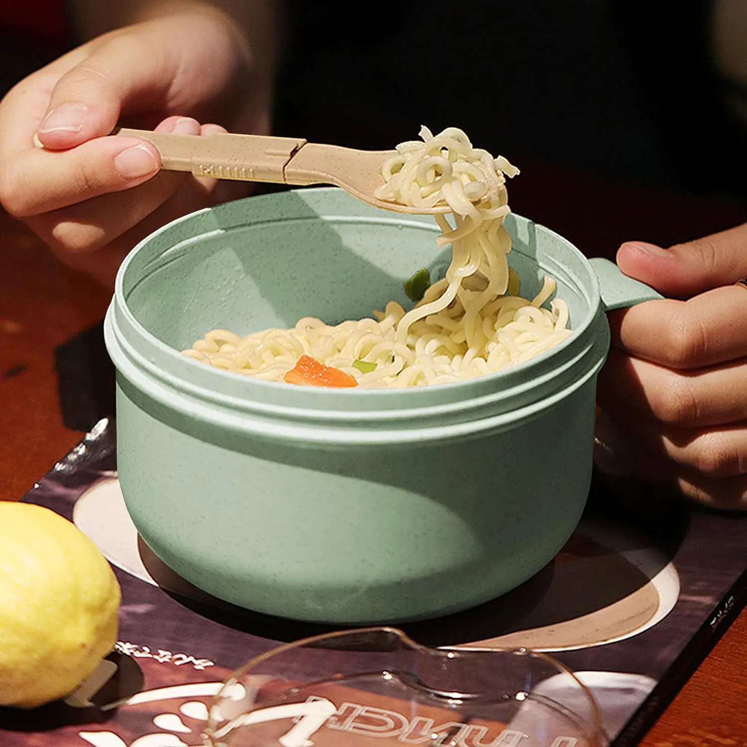 4Pack Wheat Straw Microwave Ramen Bowl Set Noodle Bowls With Lid and Spoon, Improved Easy-Grip Design for On-the-Go - Holds Soup, Rice, Cereal & More - BPA-Free