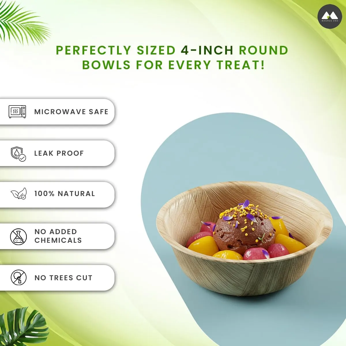 4" Round Disposable Bowls, 50 Pcs, 4 Oz - Compostable Palm Leaf Bowls for Party, Desserts, Gravy, Soup & Picnic - Eco-Friendly & Better than Paper Bowls