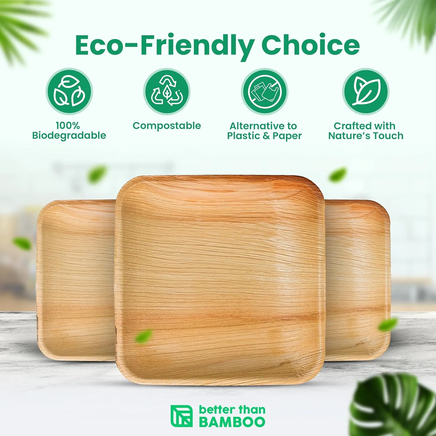 50 Leaf Disposable Plates (8 Inch)   100 FREE Compostable Cutlery (50 Forks, 50 Knives) | Heavy Duty Party Plates | Biodegradable, Eco-Friendly and Alternative to Bamboo, Wood, Paper, Plastic