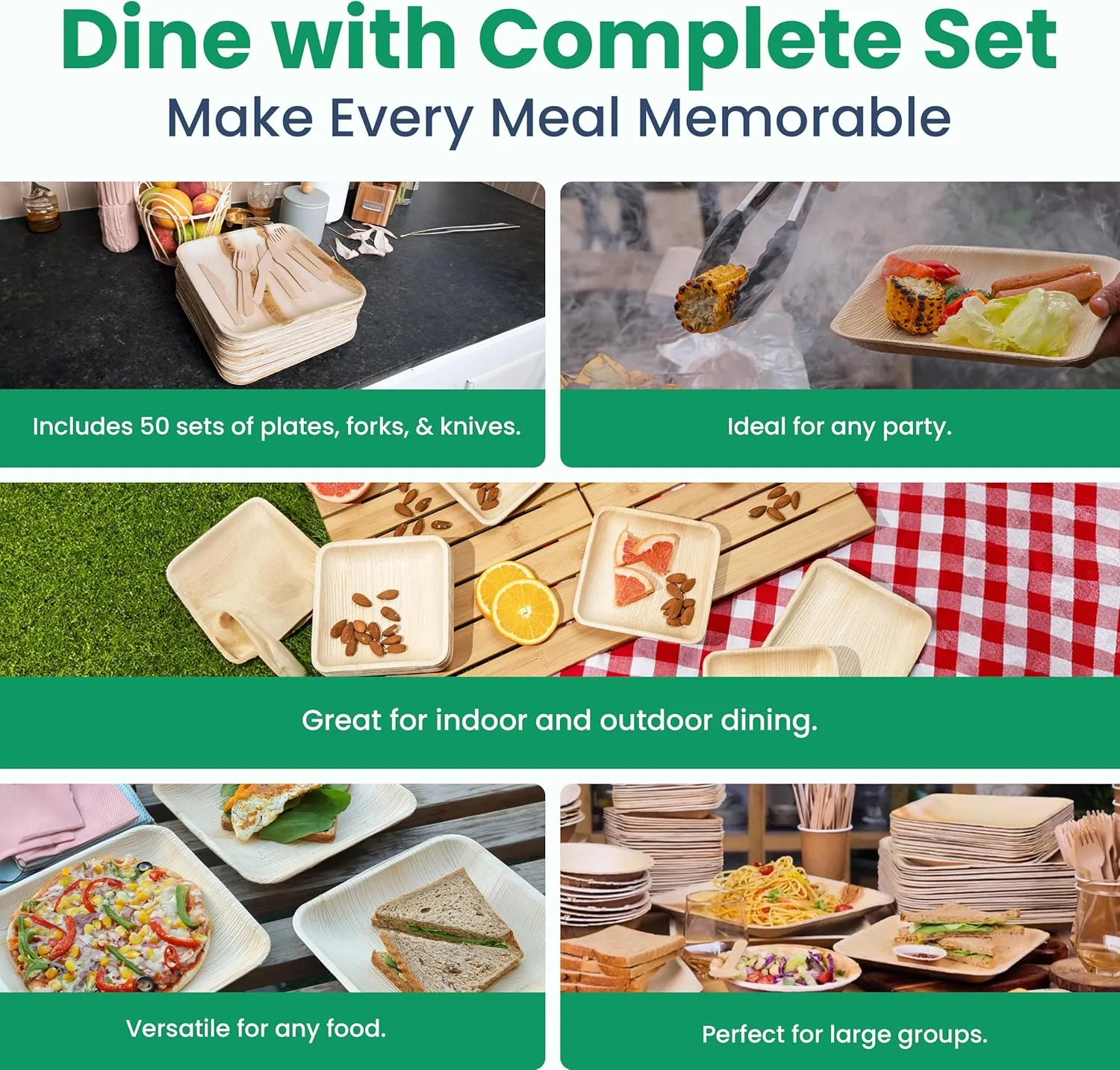 50 Leaf Disposable Plates (8 Inch)   100 FREE Compostable Cutlery (50 Forks, 50 Knives) | Heavy Duty Party Plates | Biodegradable, Eco-Friendly and Alternative to Bamboo, Wood, Paper, Plastic