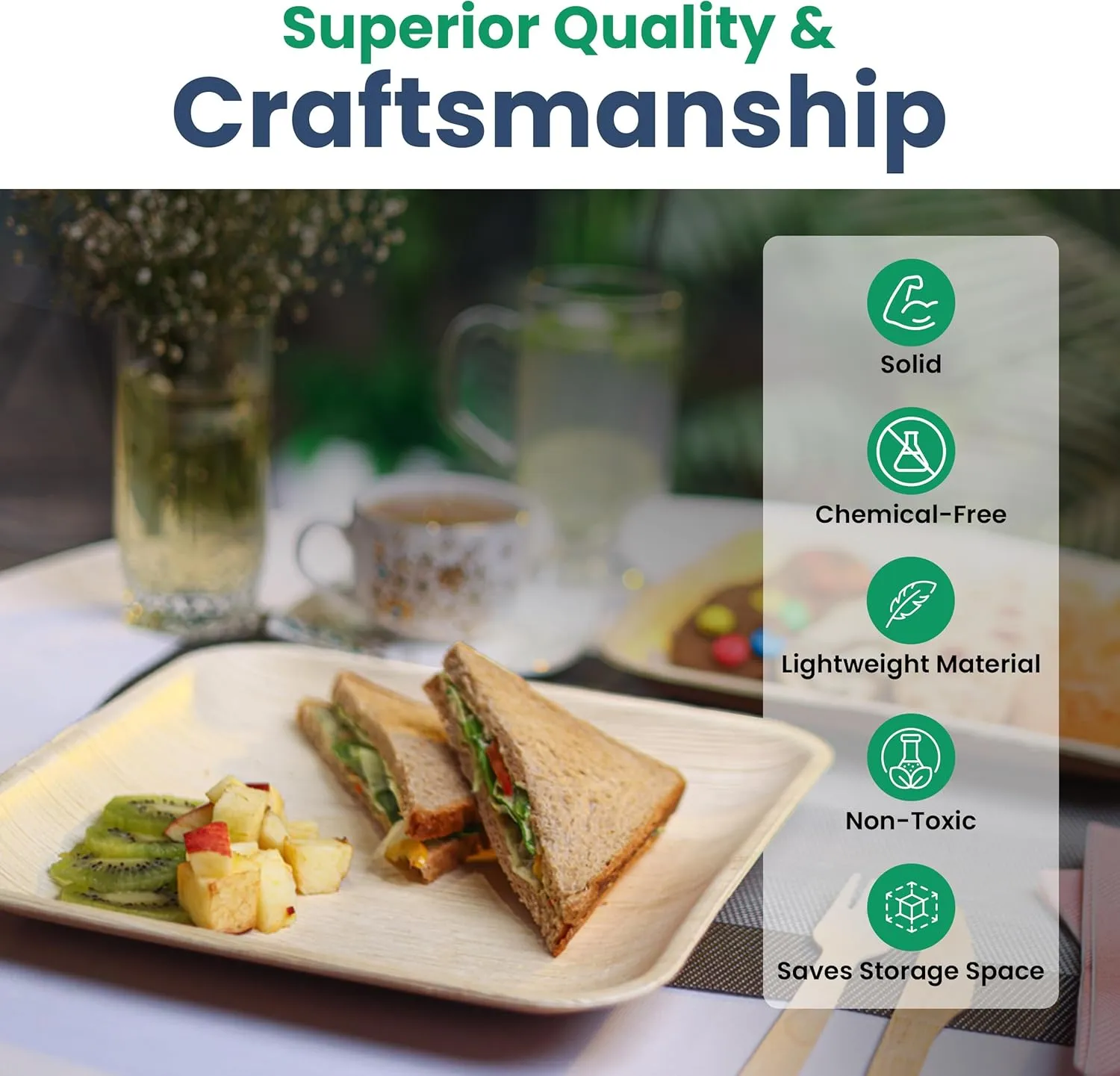 50 Leaf Disposable Plates (8 Inch)   100 FREE Compostable Cutlery (50 Forks, 50 Knives) | Heavy Duty Party Plates | Biodegradable, Eco-Friendly and Alternative to Bamboo, Wood, Paper, Plastic