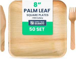 50 Leaf Disposable Plates (8 Inch)   100 FREE Compostable Cutlery (50 Forks, 50 Knives) | Heavy Duty Party Plates | Biodegradable, Eco-Friendly and Alternative to Bamboo, Wood, Paper, Plastic