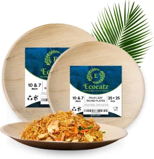 50 Pack 10" & 7" Round Palm Leaf Bamboo Plates – Compostable & Disposable Appetizer Plates, Strong Decorative Tableware for Weddings, Lunch, Dinner, BBQ, Picnics & Outdoor Events