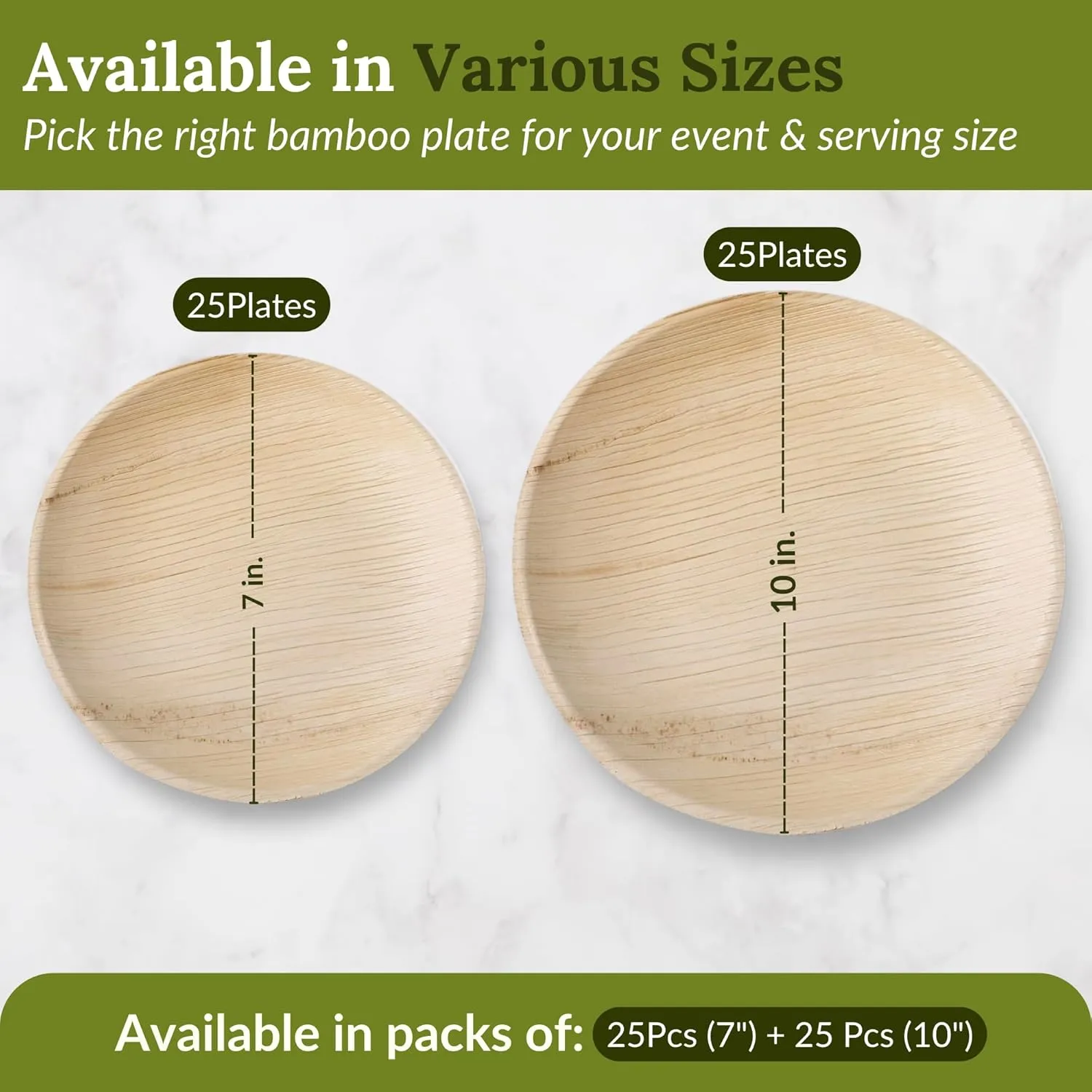 50 Pack 10" & 7" Round Palm Leaf Bamboo Plates – Compostable & Disposable Appetizer Plates, Strong Decorative Tableware for Weddings, Lunch, Dinner, BBQ, Picnics & Outdoor Events