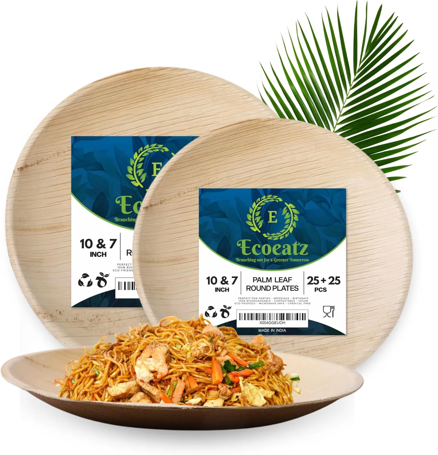 50 Pack 10" & 7" Round Palm Leaf Bamboo Plates – Compostable & Disposable Appetizer Plates, Strong Decorative Tableware for Weddings, Lunch, Dinner, BBQ, Picnics & Outdoor Events