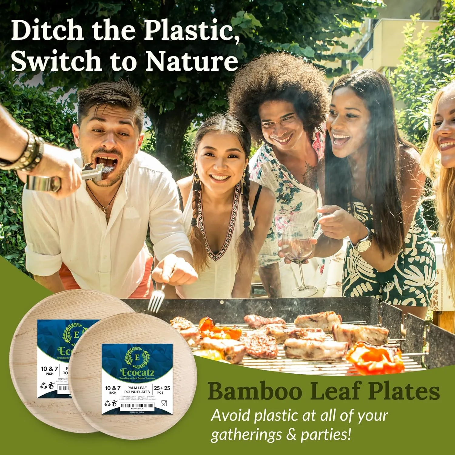 50 Pack 10" & 7" Round Palm Leaf Bamboo Plates – Compostable & Disposable Appetizer Plates, Strong Decorative Tableware for Weddings, Lunch, Dinner, BBQ, Picnics & Outdoor Events