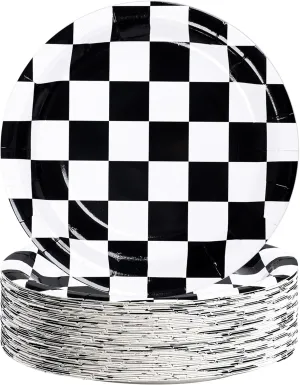 50 Packs Racing Car Paper Plates 9" Black and White Disposable Plates Checkered Flag Party Plates Round Dessert Dinner Paper Plate for Race Car Party Supplies Kids Birthday Tableware