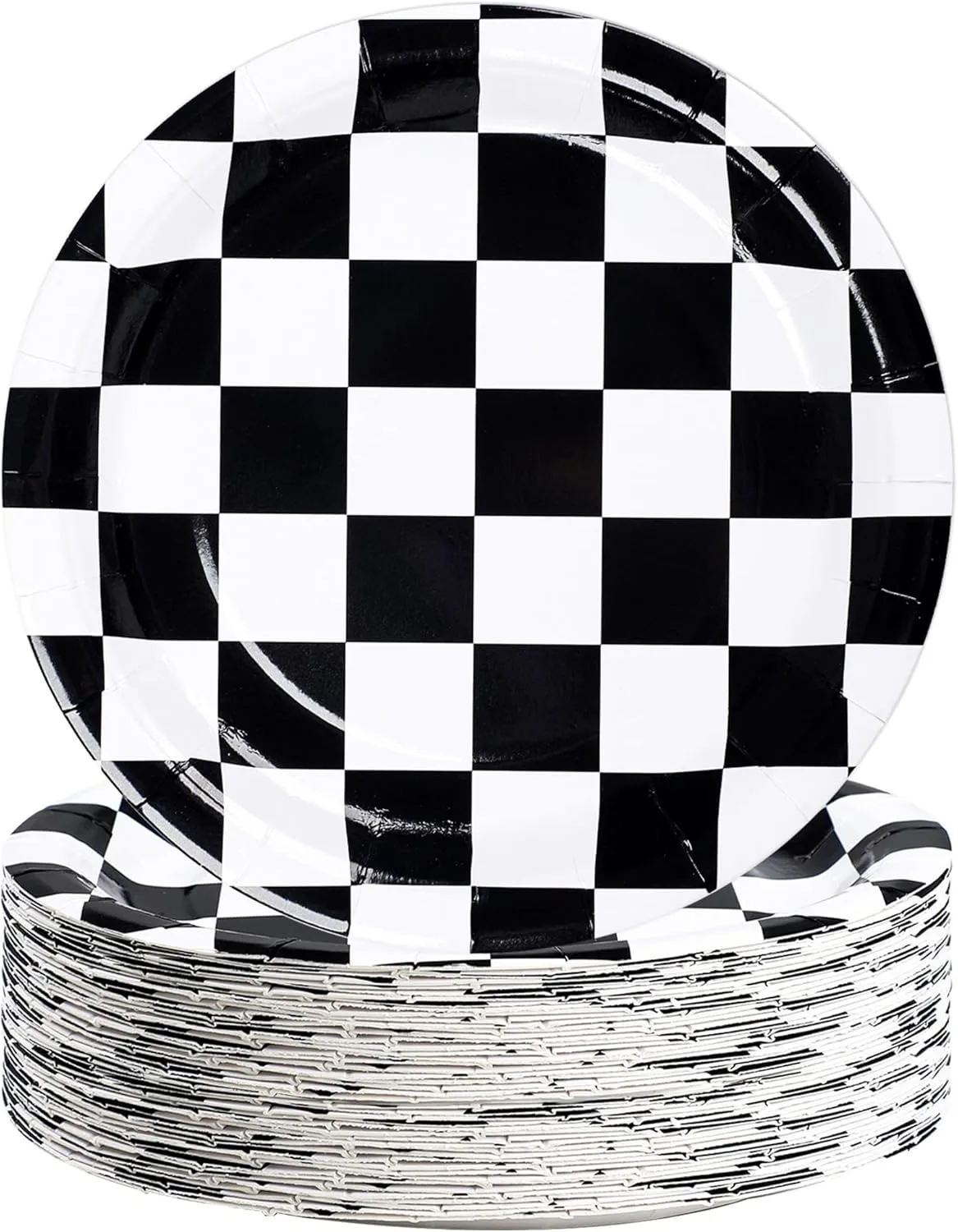 50 Packs Racing Car Paper Plates 9" Black and White Disposable Plates Checkered Flag Party Plates Round Dessert Dinner Paper Plate for Race Car Party Supplies Kids Birthday Tableware