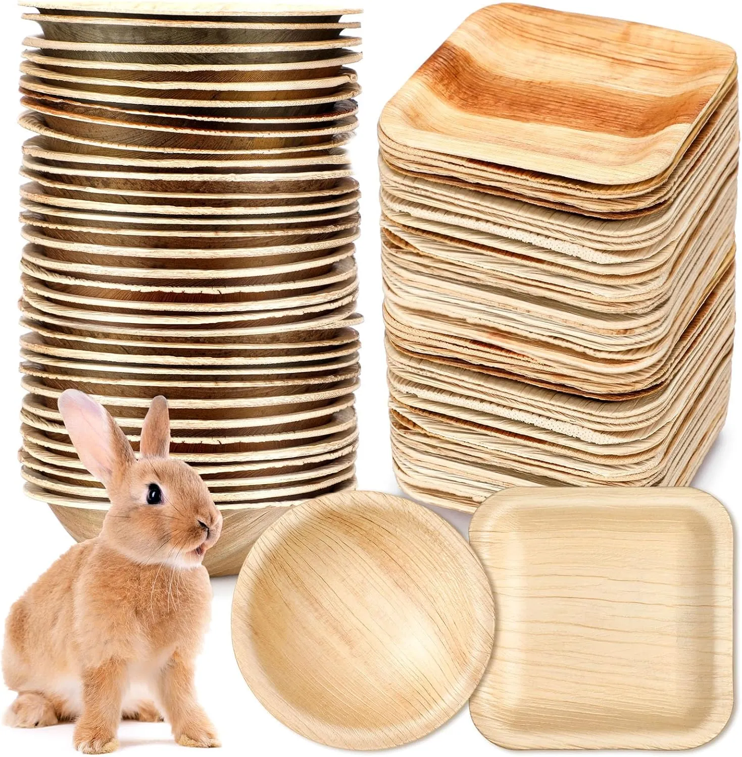 50 Pcs Disposable Palm Leaf Bowls Plates Set for Rabbits 4", Sturdy Bamboo Party Bowls Decorative Compostable Tableware for Bunnies Birthday Outdoor BBQ Picnic Wedding