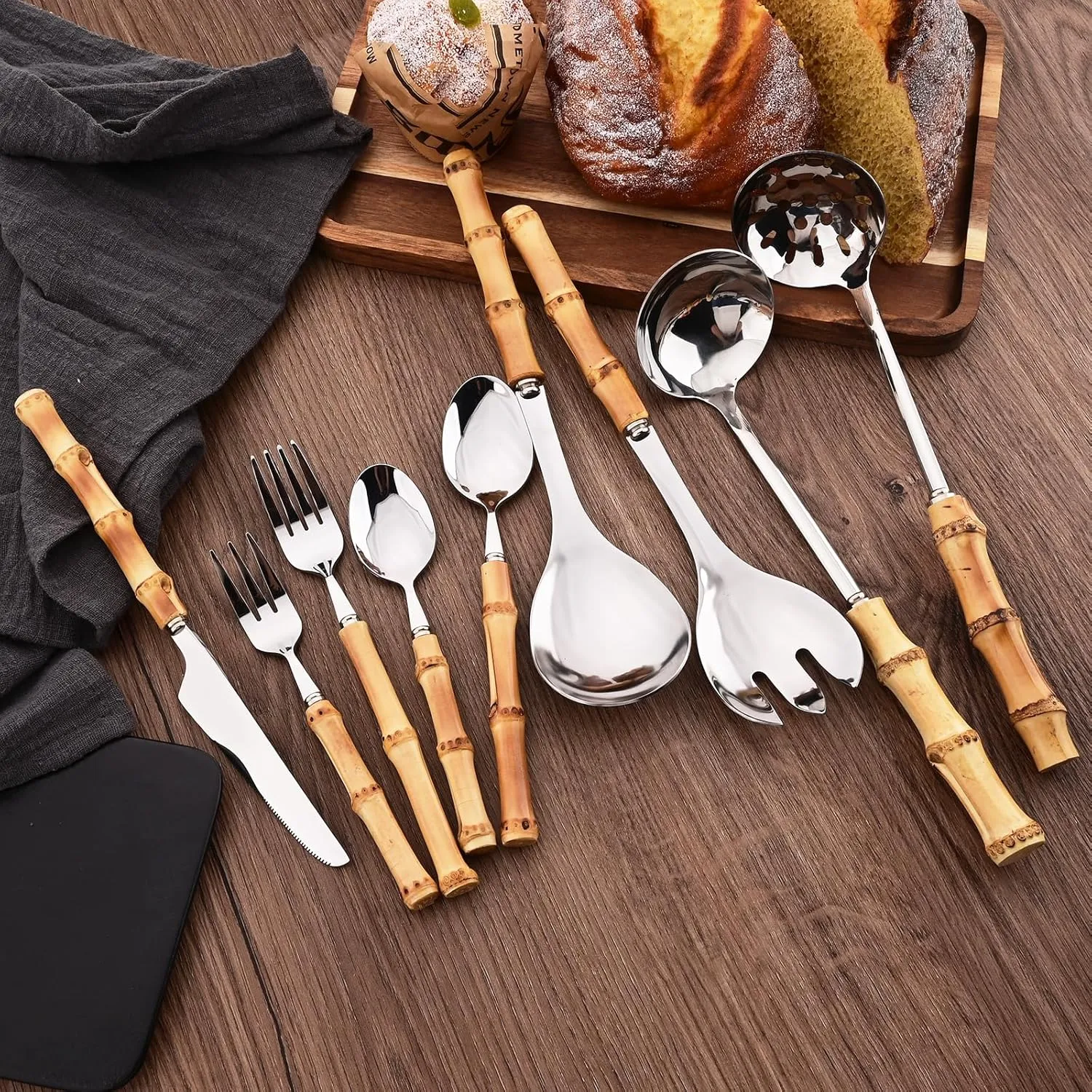 50PCS Silverware Set for 10, Bamboo Handle Flatware Set, Stainless Steel Cutlery Set for Home Restaurant and Party, Bamboo Forks Spoons and Knives Set, Polished Tableware
