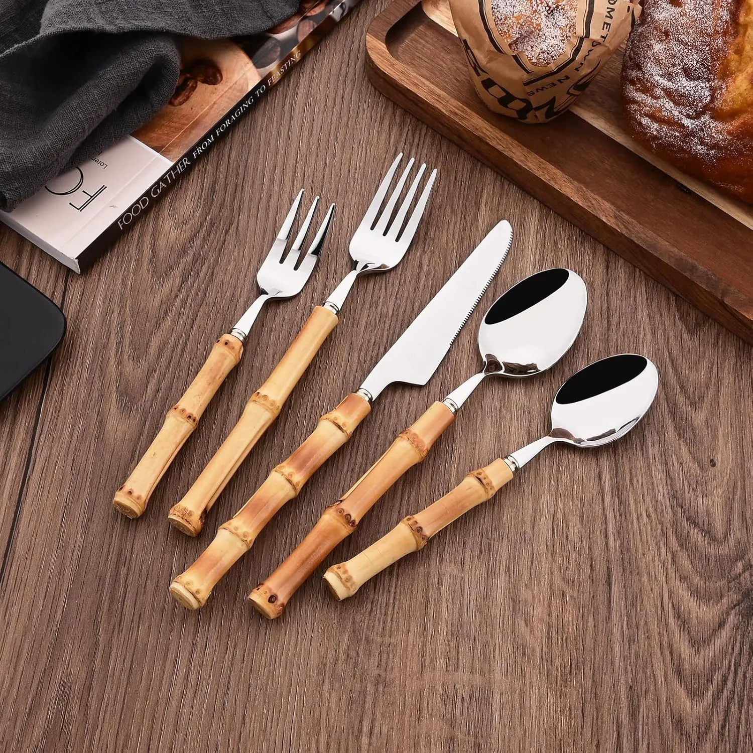 50PCS Silverware Set for 10, Bamboo Handle Flatware Set, Stainless Steel Cutlery Set for Home Restaurant and Party, Bamboo Forks Spoons and Knives Set, Polished Tableware