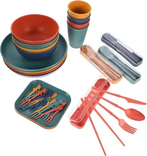 5pc Wheat Straw Utensils Set Foldable Tableware for Outdoor Camping Picnic Unbreakable Dinnerware Soup Bowl Plate Cup Fork Spoon Chopsticks