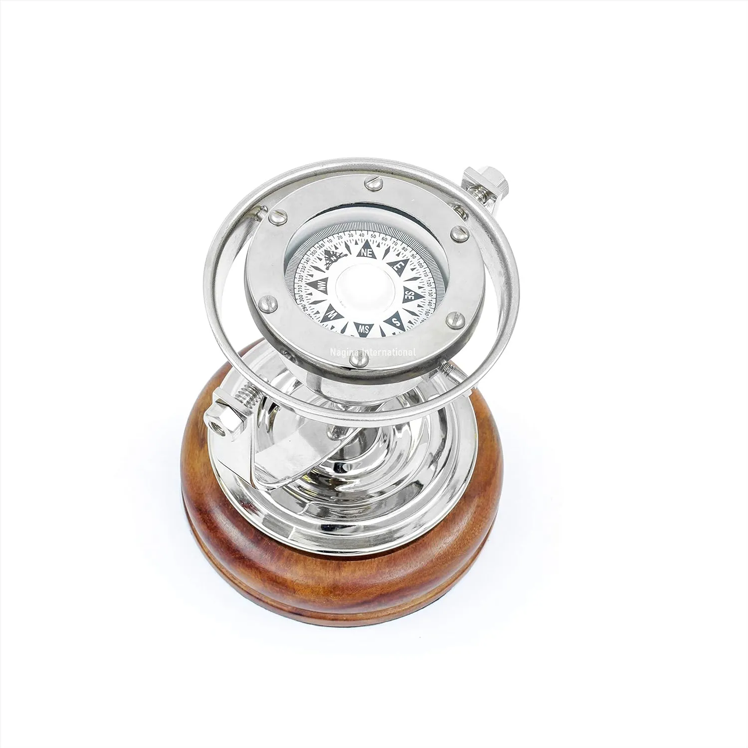 5" Brass Gimbals Nautical Fully Functional Directional Compass with Wooden Base Stand & Rotating Axis | Maritime Gift Decor | Nagina International