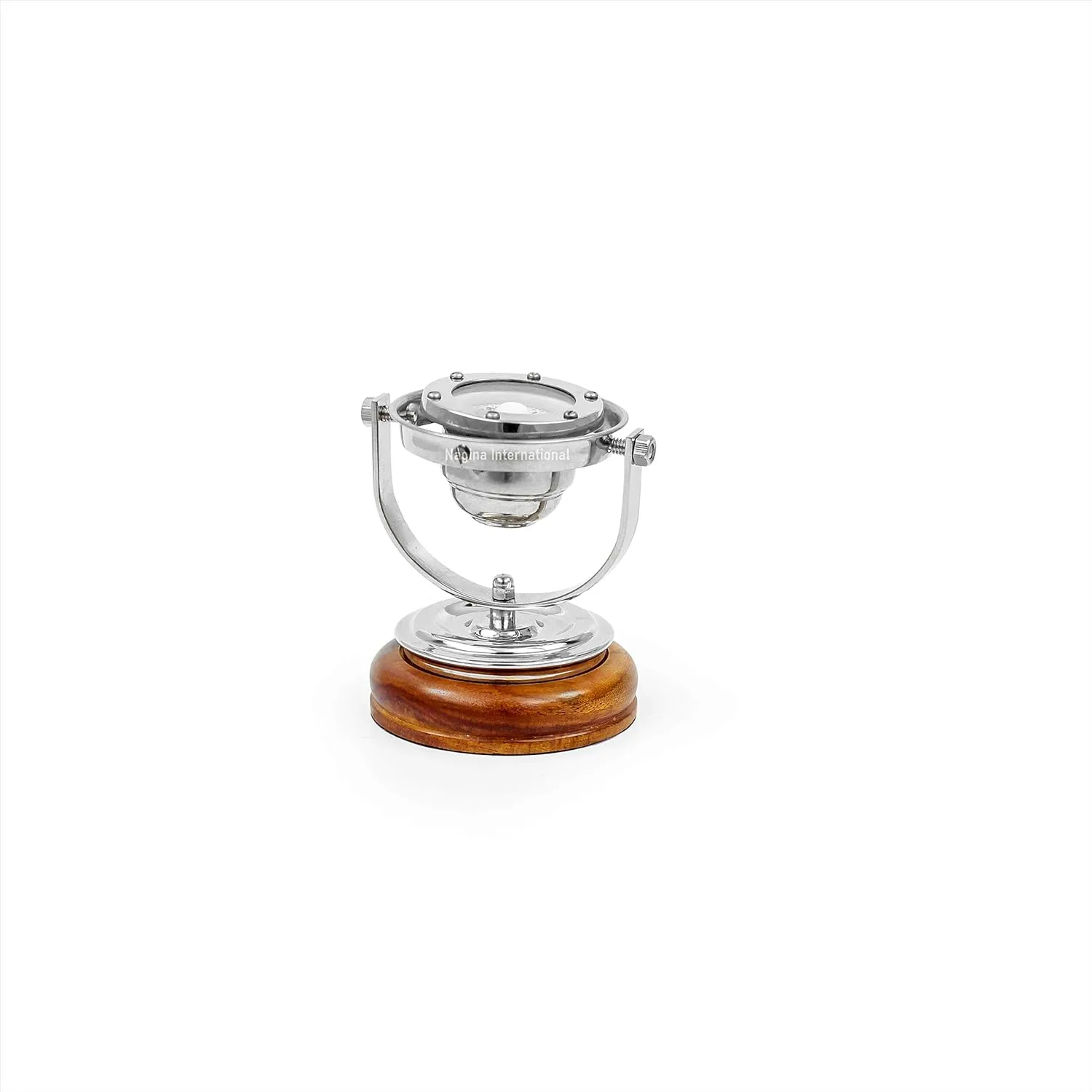 5" Brass Gimbals Nautical Fully Functional Directional Compass with Wooden Base Stand & Rotating Axis | Maritime Gift Decor | Nagina International