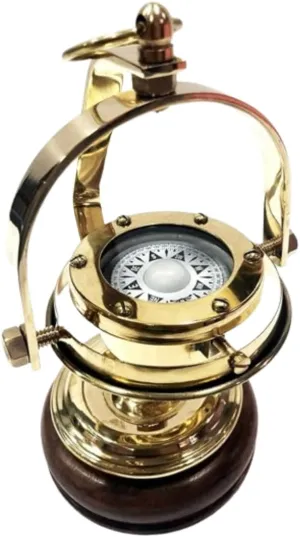 5"" Nautical Brass Gimbled Compass with Rotating Axis - Antique Hanging Solid Brass Gimbled Compass on Wooden Base - Marine Ship Navigation Compass for Hiking & Camping, Collectible Gift Item, Golden