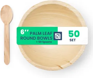 6-Inch Bowls with Spoons (50 Bowls   50 Spoons) | 100% Eco-Friendly, Compostable & Biodegradable Disposable Tableware | Ideal for Catering, Wedding, Party, Lunch & Dinner