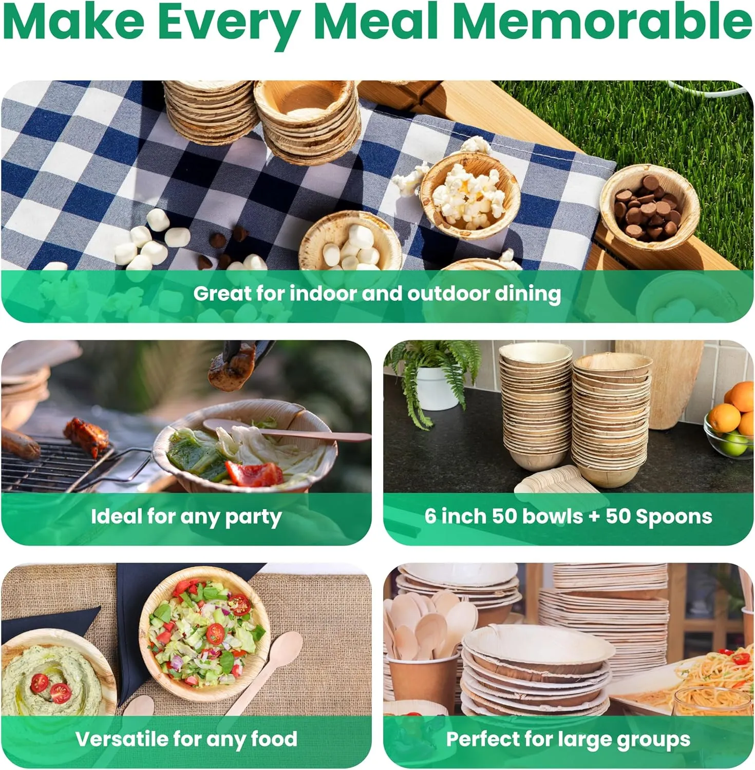 6-Inch Bowls with Spoons (50 Bowls   50 Spoons) | 100% Eco-Friendly, Compostable & Biodegradable Disposable Tableware | Ideal for Catering, Wedding, Party, Lunch & Dinner