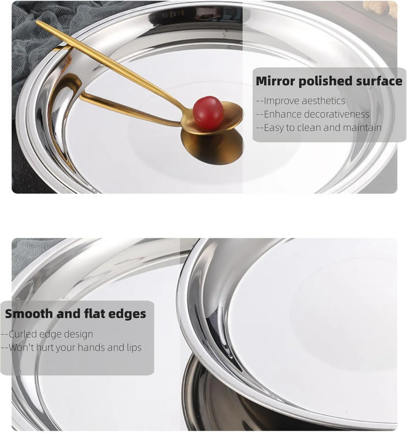 6 Pcs Stainless Steel Dinner Plates, Metal Lightweight Unbreakable Dinner Dishes Plates Set for BBQ, Snack, Salad, Appetizer, Fruit, Cookies