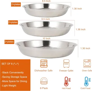 6 Pcs Stainless Steel Dinner Plates, Metal Lightweight Unbreakable Dinner Dishes Plates Set for BBQ, Snack, Salad, Appetizer, Fruit, Cookies
