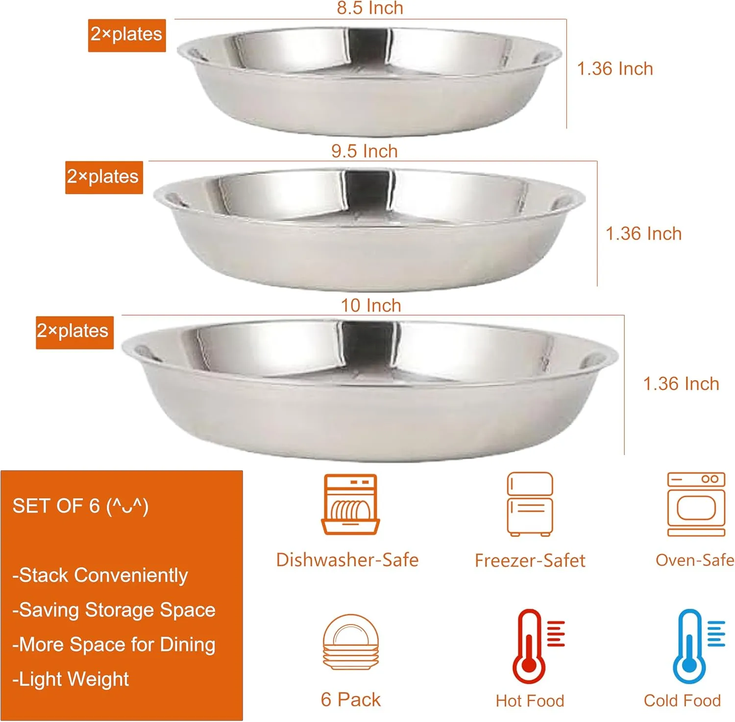 6 Pcs Stainless Steel Dinner Plates, Metal Lightweight Unbreakable Dinner Dishes Plates Set for BBQ, Snack, Salad, Appetizer, Fruit, Cookies